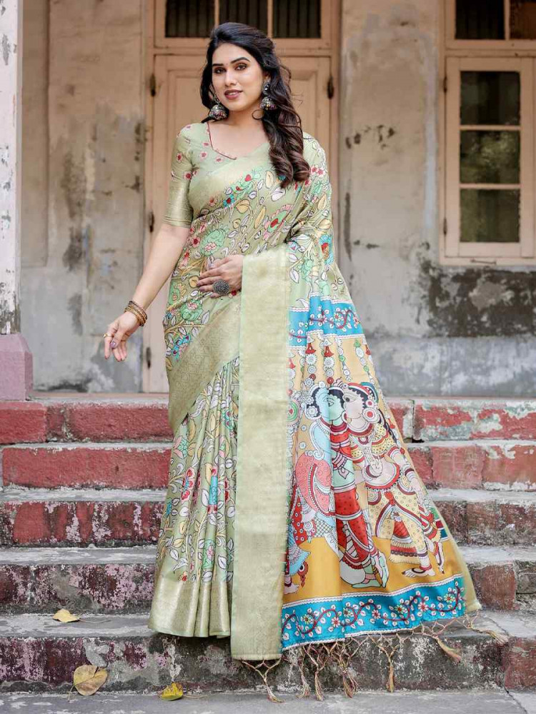 Image of Cream Tussar Silk Zari Handwoven Printed Casual Reception Festival Wedding Fancy Heavy Border Saree