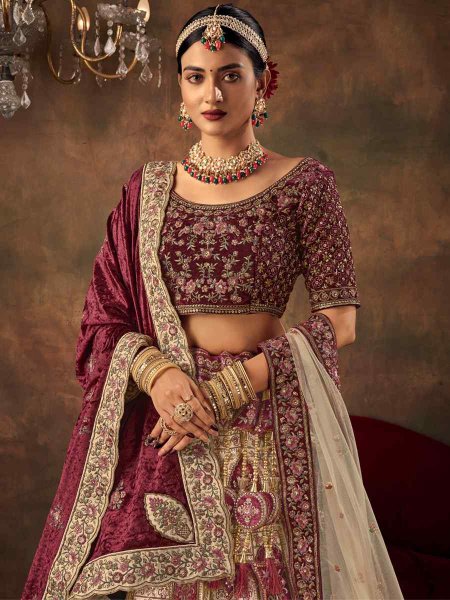 Cream Velvet Embroidered Bridal Wedding Heavy Border Lehenga Choli