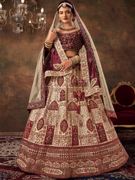 Cream Velvet Embroidered Bridal Wedding Heavy Border Lehenga Choli