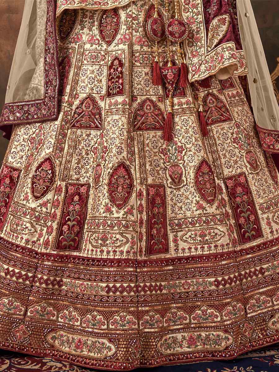 Cream Velvet Embroidered Bridal Wedding Heavy Border Lehenga Choli
