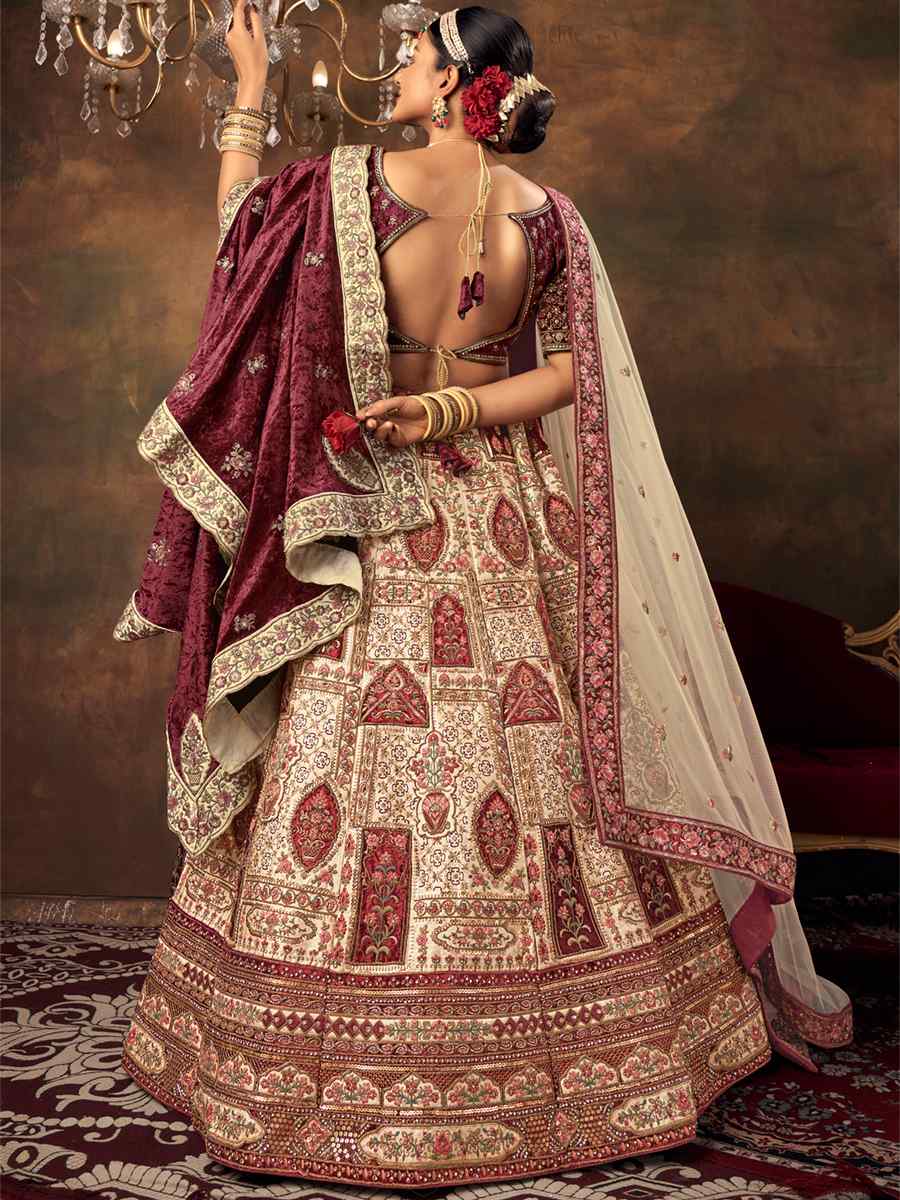 Cream Velvet Embroidered Bridal Wedding Heavy Border Lehenga Choli