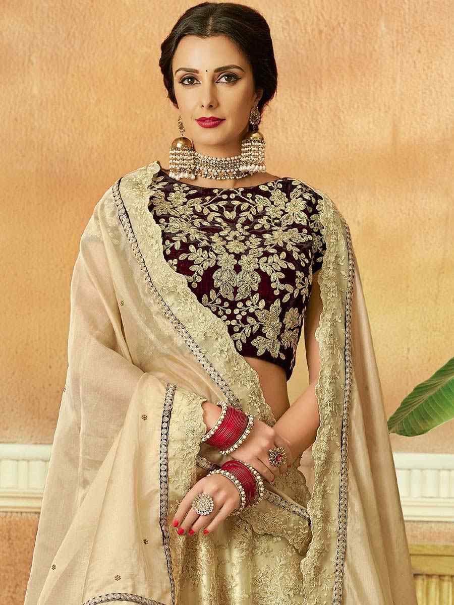 Cream Velvet Embroidered Festival Wedding Circular Lehenga Choli