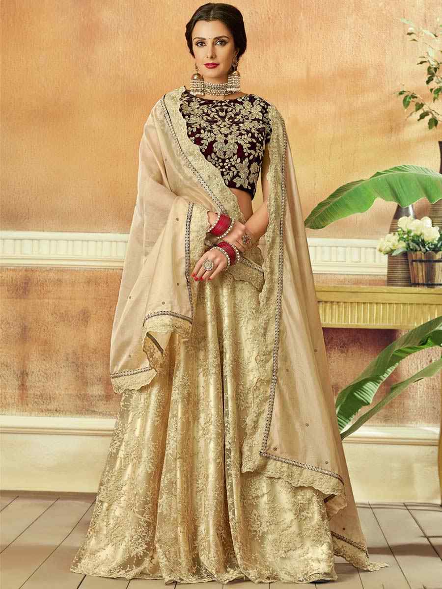 Cream Velvet Embroidered Festival Wedding Circular Lehenga Choli