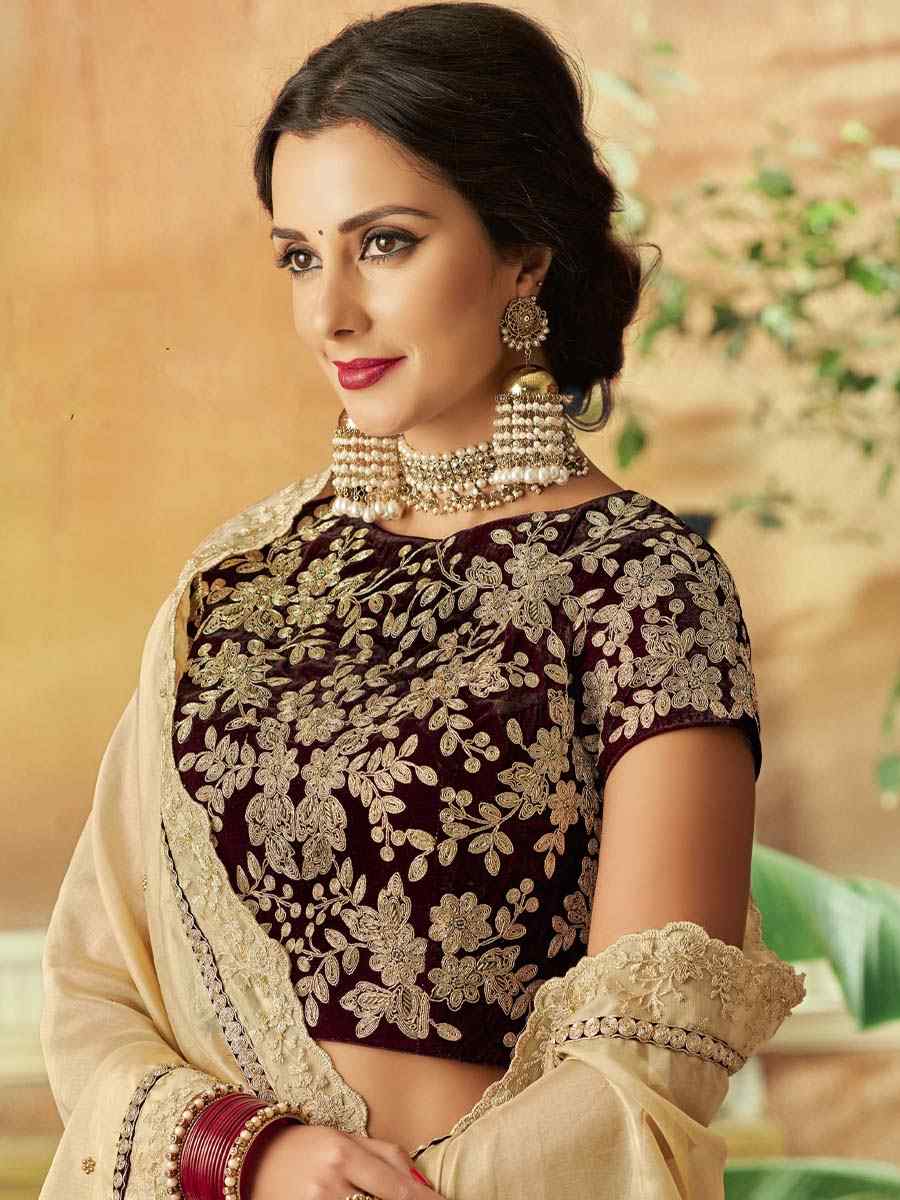 Cream Velvet Embroidered Festival Wedding Circular Lehenga Choli