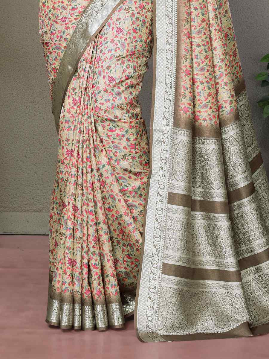 Cream Vichitra Silk Digital Printed Work Festival Wedding Fancy Heavy Border Saree