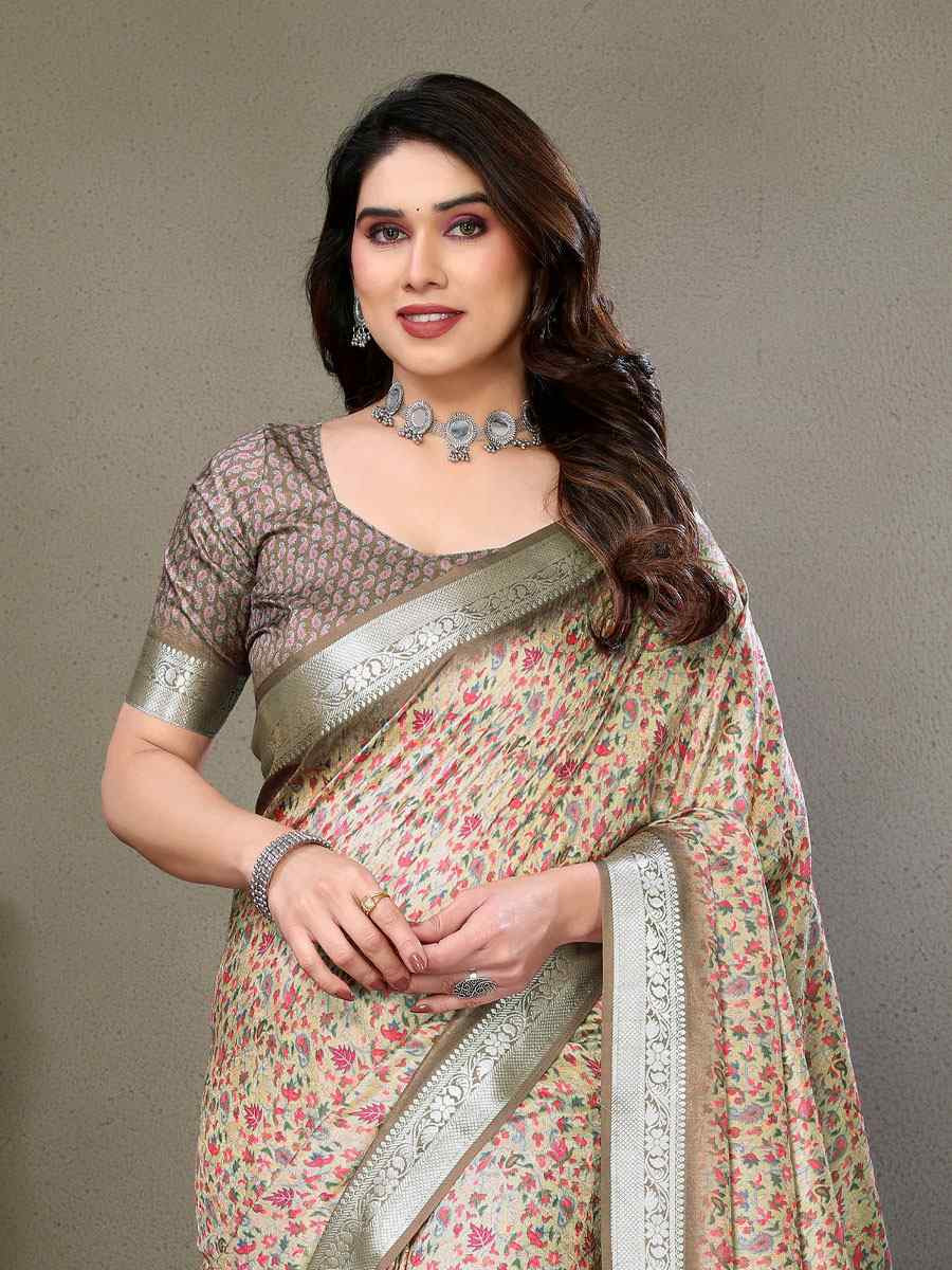 Cream Vichitra Silk Digital Printed Work Festival Wedding Fancy Heavy Border Saree