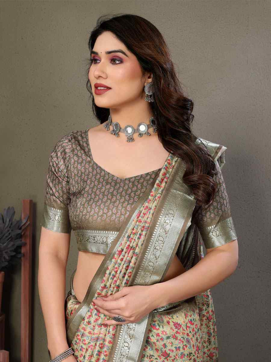 Cream Vichitra Silk Digital Printed Work Festival Wedding Fancy Heavy Border Saree