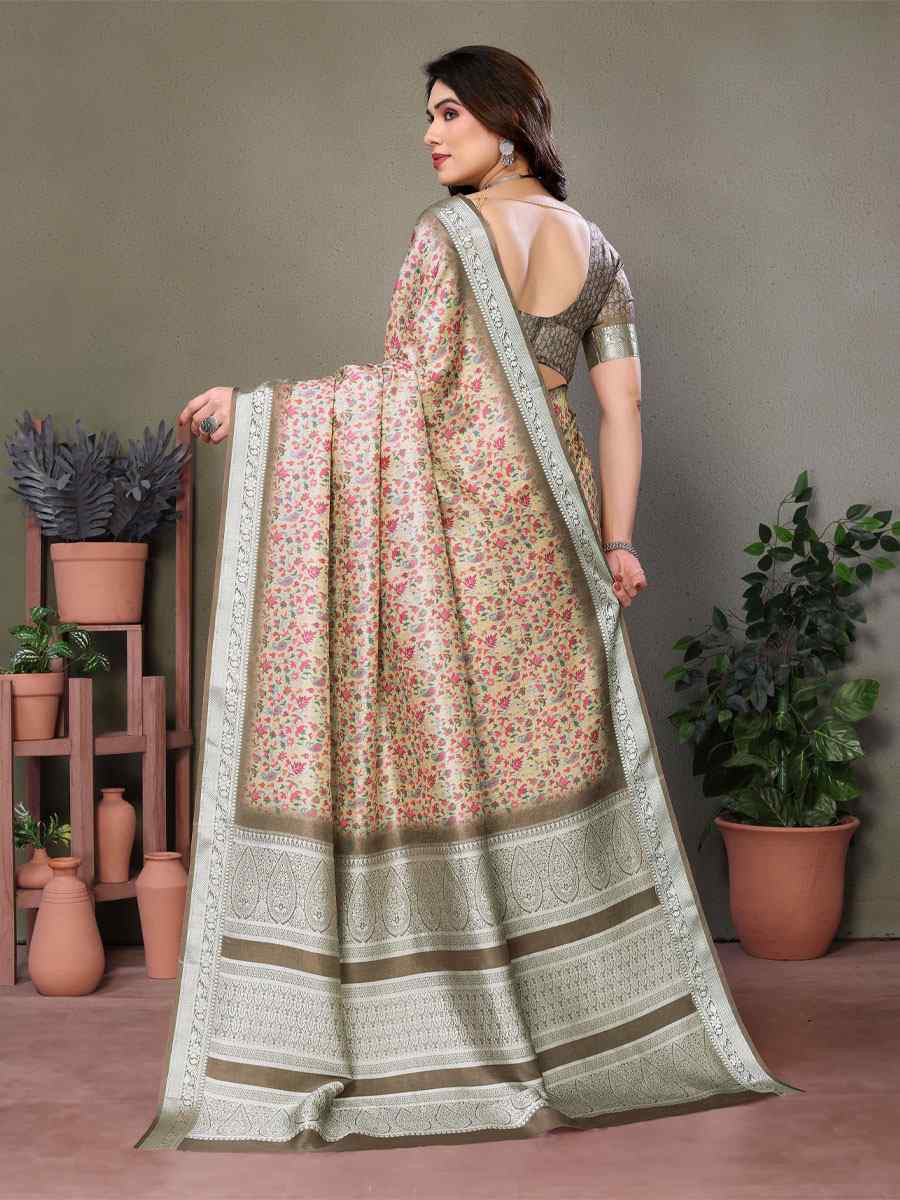 Cream Vichitra Silk Digital Printed Work Festival Wedding Fancy Heavy Border Saree