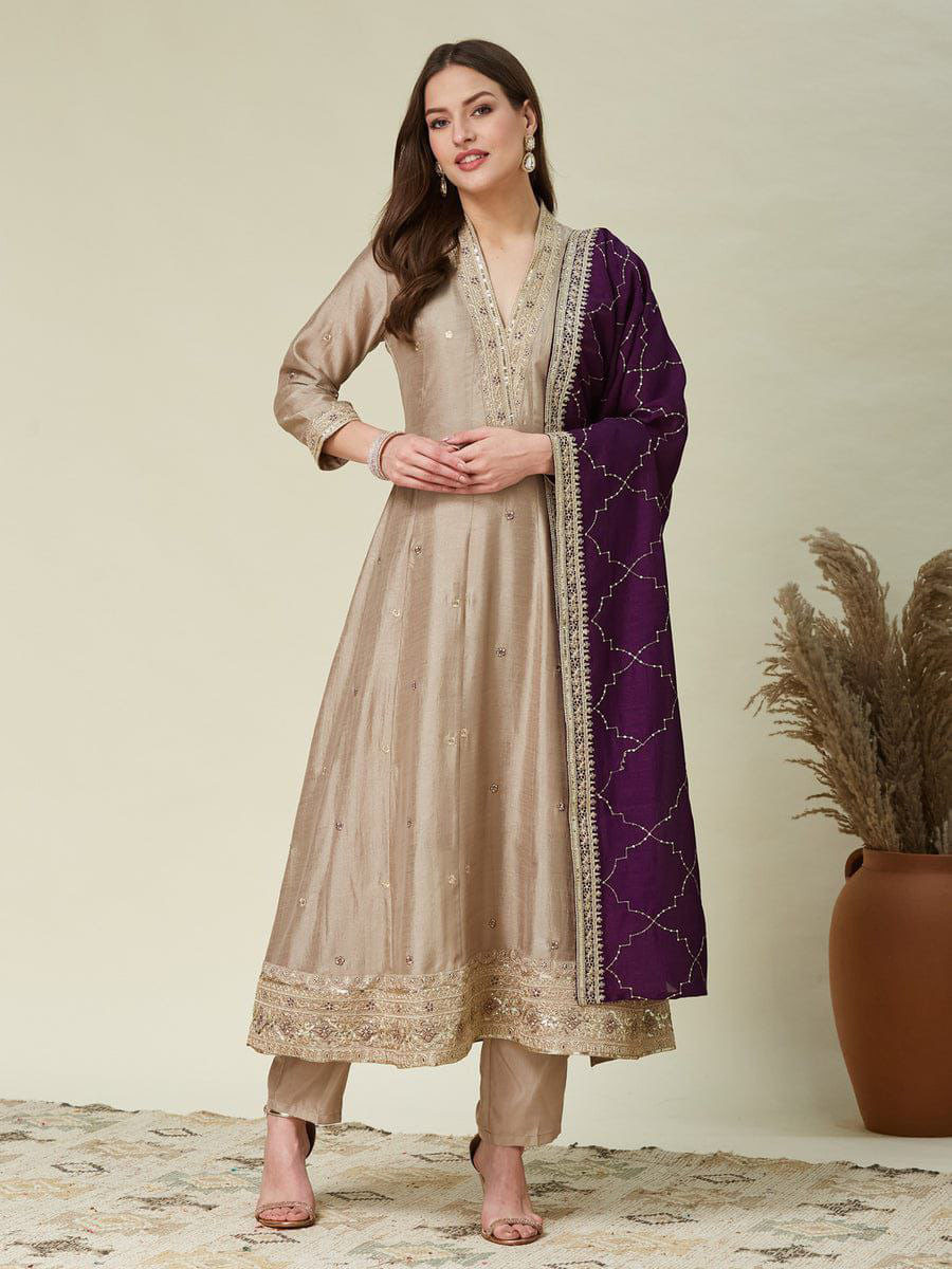 Cream Vichitra Silk Embroidery Wedding Party Festival Casual Ready Pant Salwar Kameez