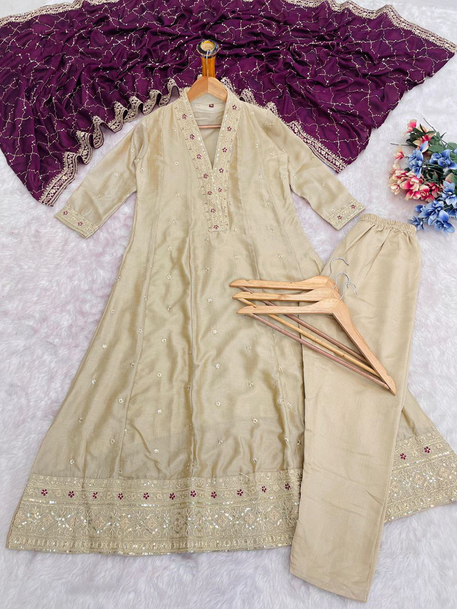 Cream Vichitra Silk Embroidery Wedding Party Festival Casual Ready Pant Salwar Kameez