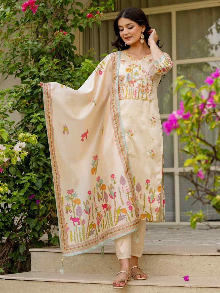 Cream Viscose Assam Silk Embroidered Party Wedding Ready Pant Salwar Kameez