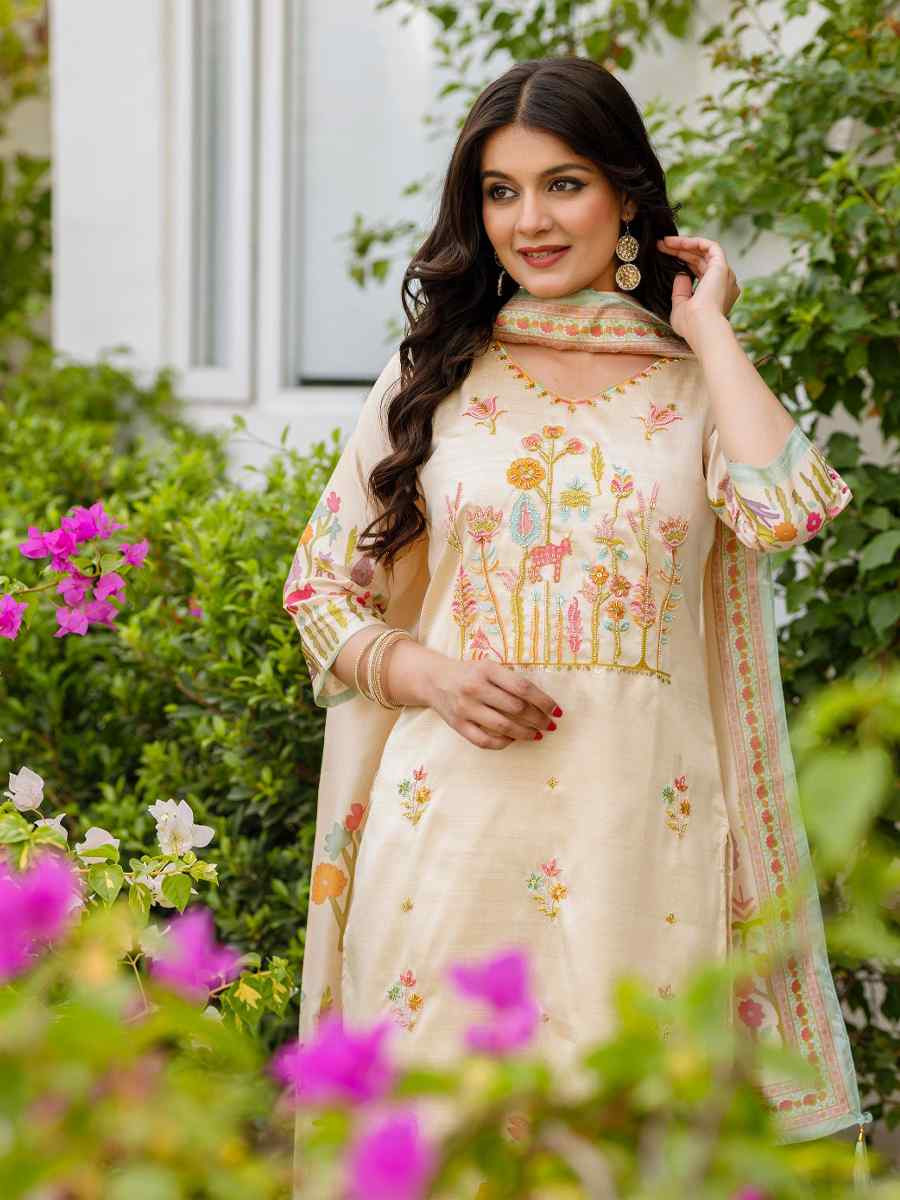 Cream Viscose Assam Silk Embroidered Party Wedding Ready Pant Salwar Kameez