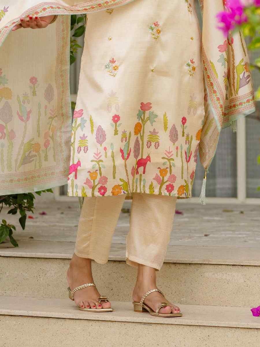 Cream Viscose Assam Silk Embroidered Party Wedding Ready Pant Salwar Kameez