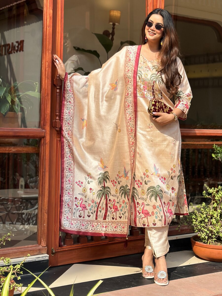 Cream Viscose Assam Silk Embroidery Stone Work Wedding Party Festival Casual Ready Pant Salwar Kameez