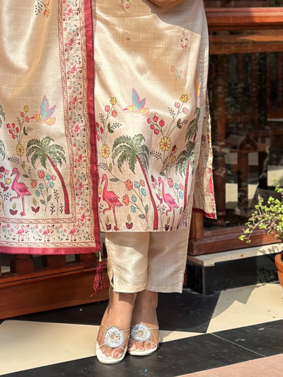Cream Viscose Assam Silk Embroidery Stone Work Wedding Party Festival Casual Ready Pant Salwar Kameez