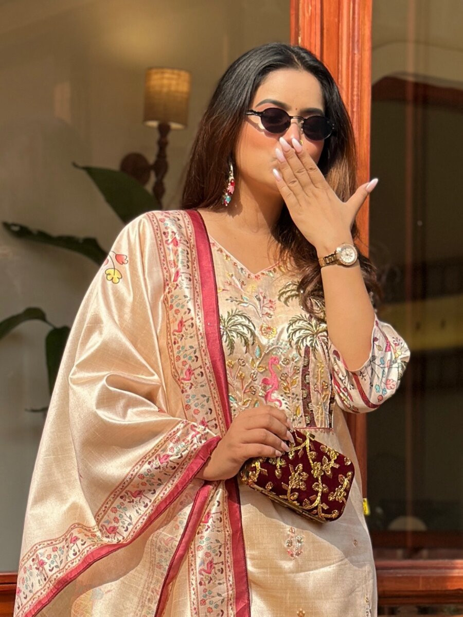 Cream Viscose Assam Silk Embroidery Stone Work Wedding Party Festival Casual Ready Pant Salwar Kameez