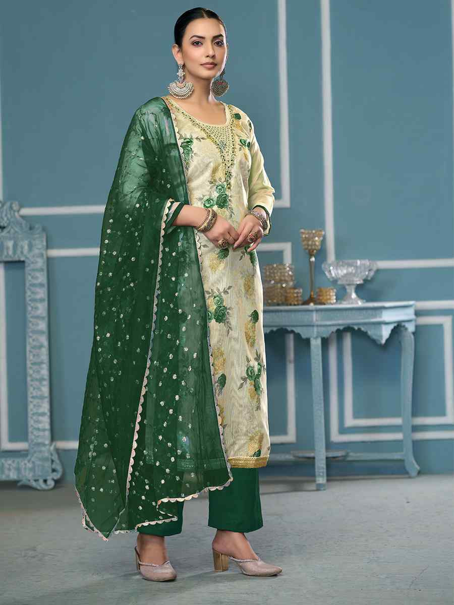 Cream Viscose Banarasi Embroidered Wedding Festival Pant Salwar Kameez