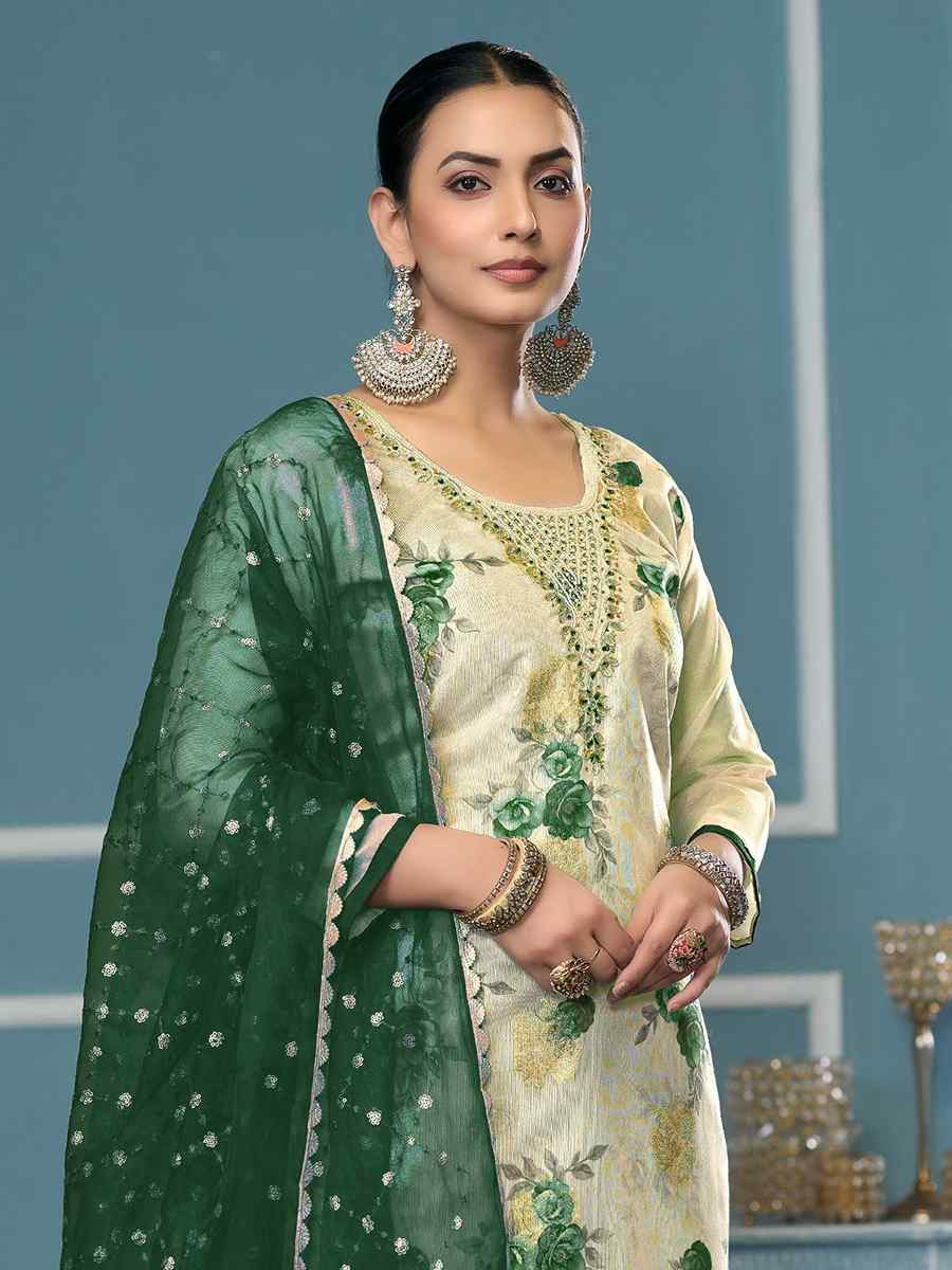 Cream Viscose Banarasi Embroidered Wedding Festival Pant Salwar Kameez