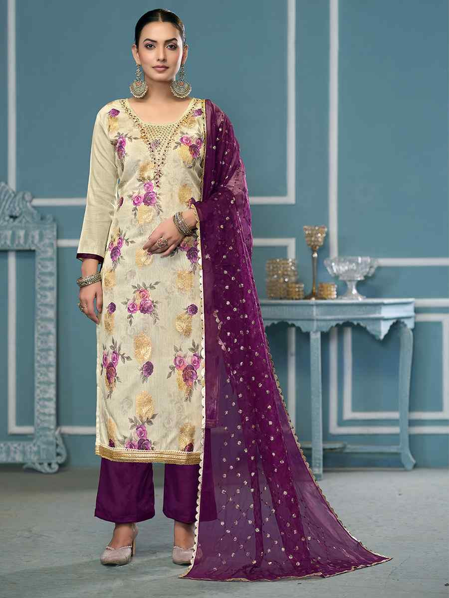 Cream Viscose Banarasi Embroidered Wedding Festival Pant Salwar Kameez