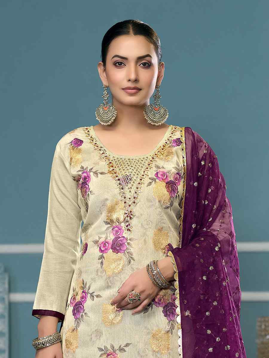 Cream Viscose Banarasi Embroidered Wedding Festival Pant Salwar Kameez