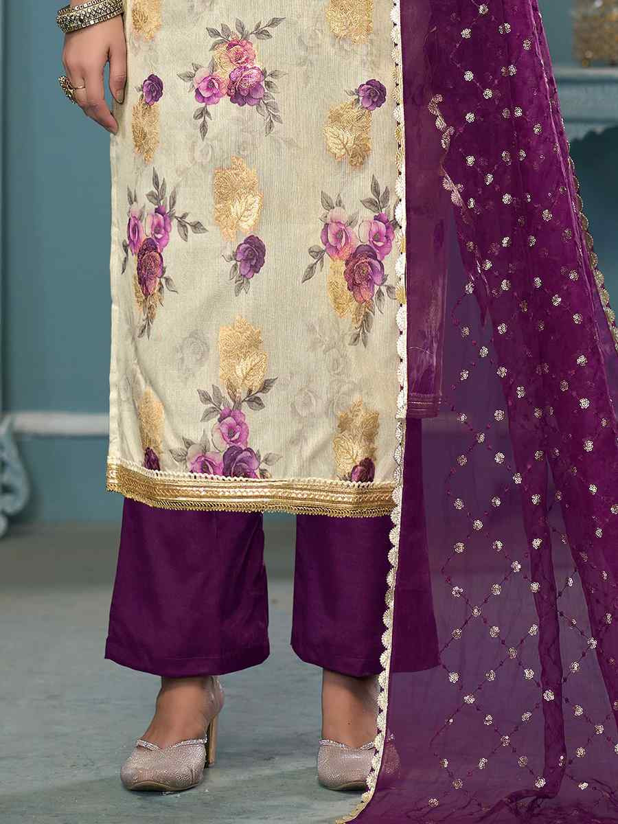 Cream Viscose Banarasi Embroidered Wedding Festival Pant Salwar Kameez