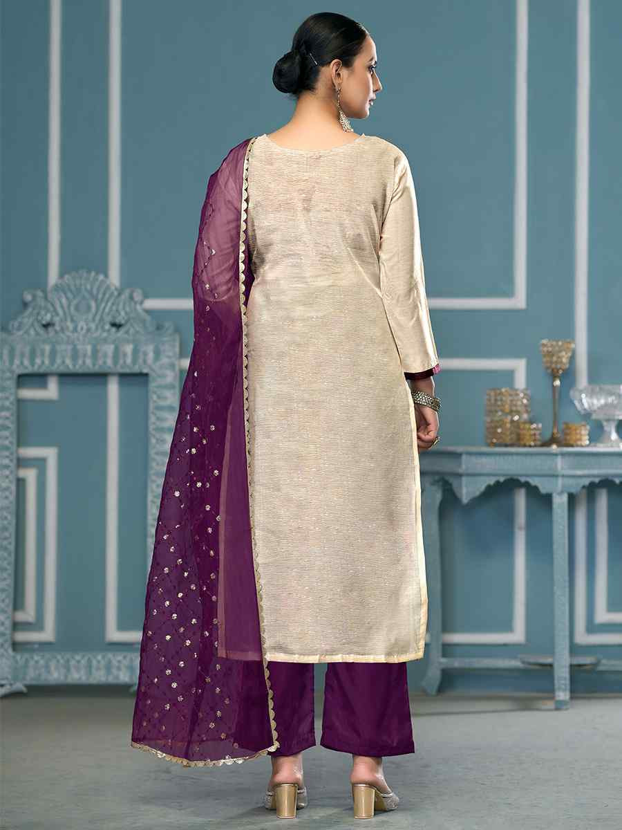 Cream Viscose Banarasi Embroidered Wedding Festival Pant Salwar Kameez