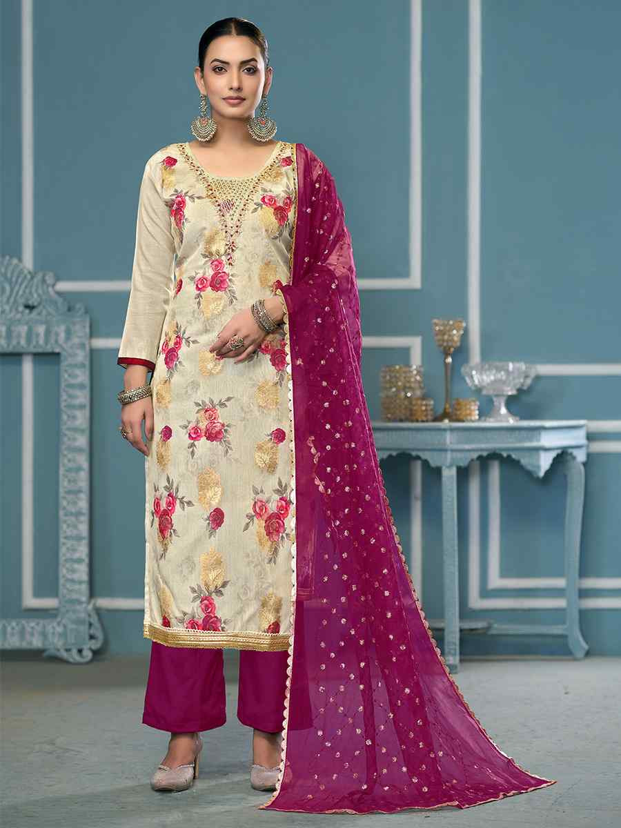 Cream Viscose Banarasi Embroidered Wedding Festival Pant Salwar Kameez