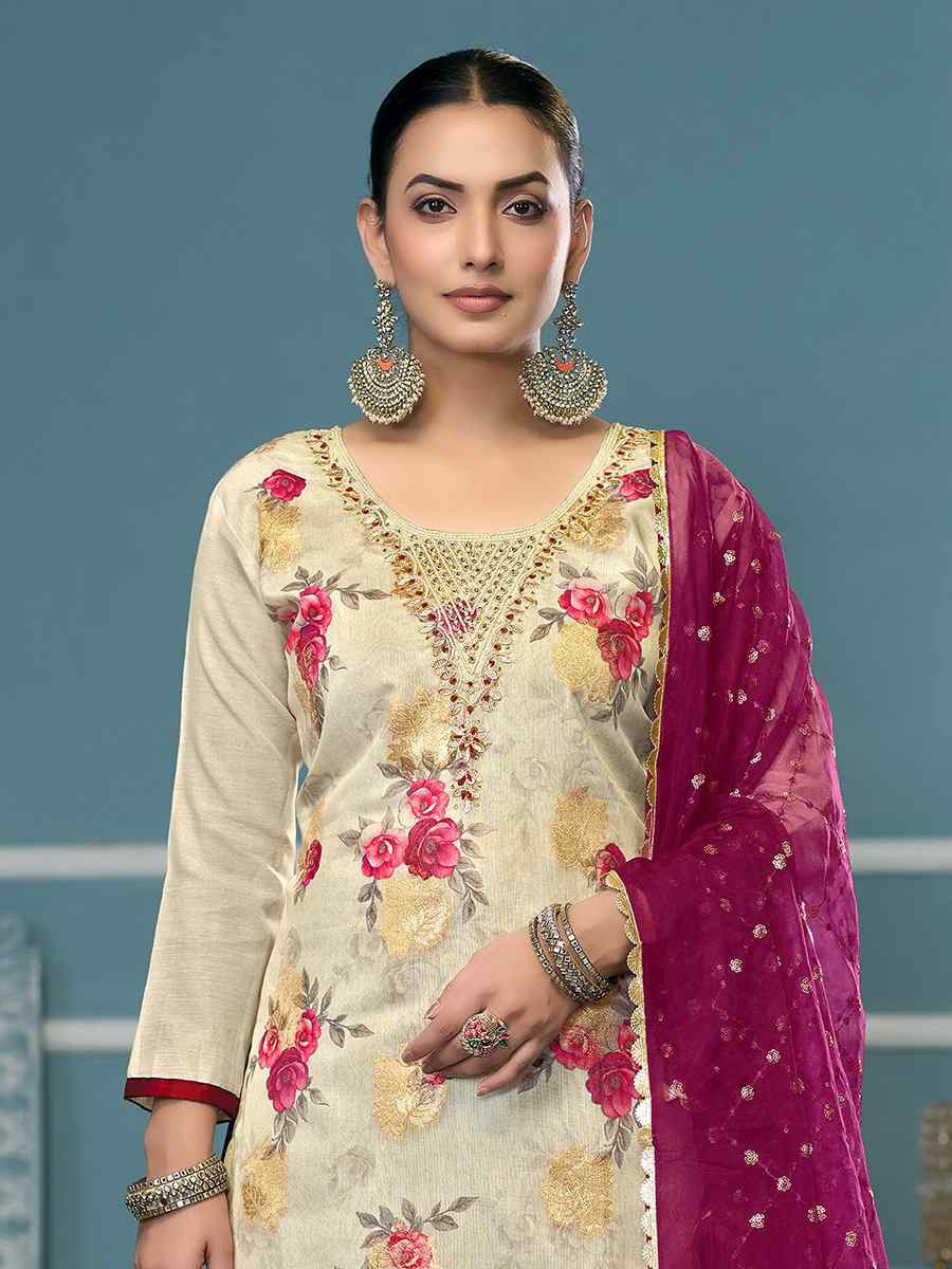 Cream Viscose Banarasi Embroidered Wedding Festival Pant Salwar Kameez