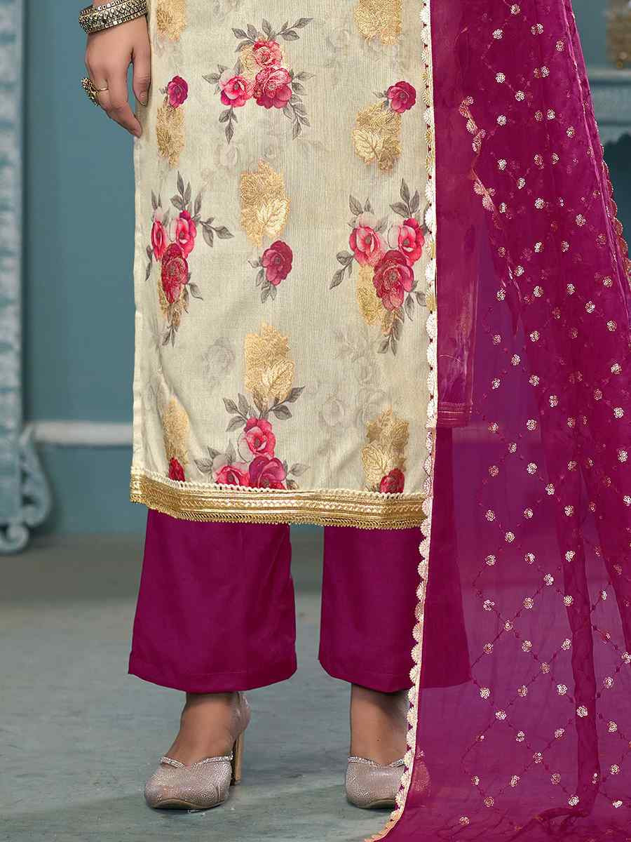 Cream Viscose Banarasi Embroidered Wedding Festival Pant Salwar Kameez