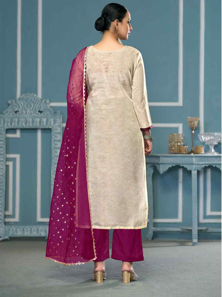 Cream Viscose Banarasi Embroidered Wedding Festival Pant Salwar Kameez
