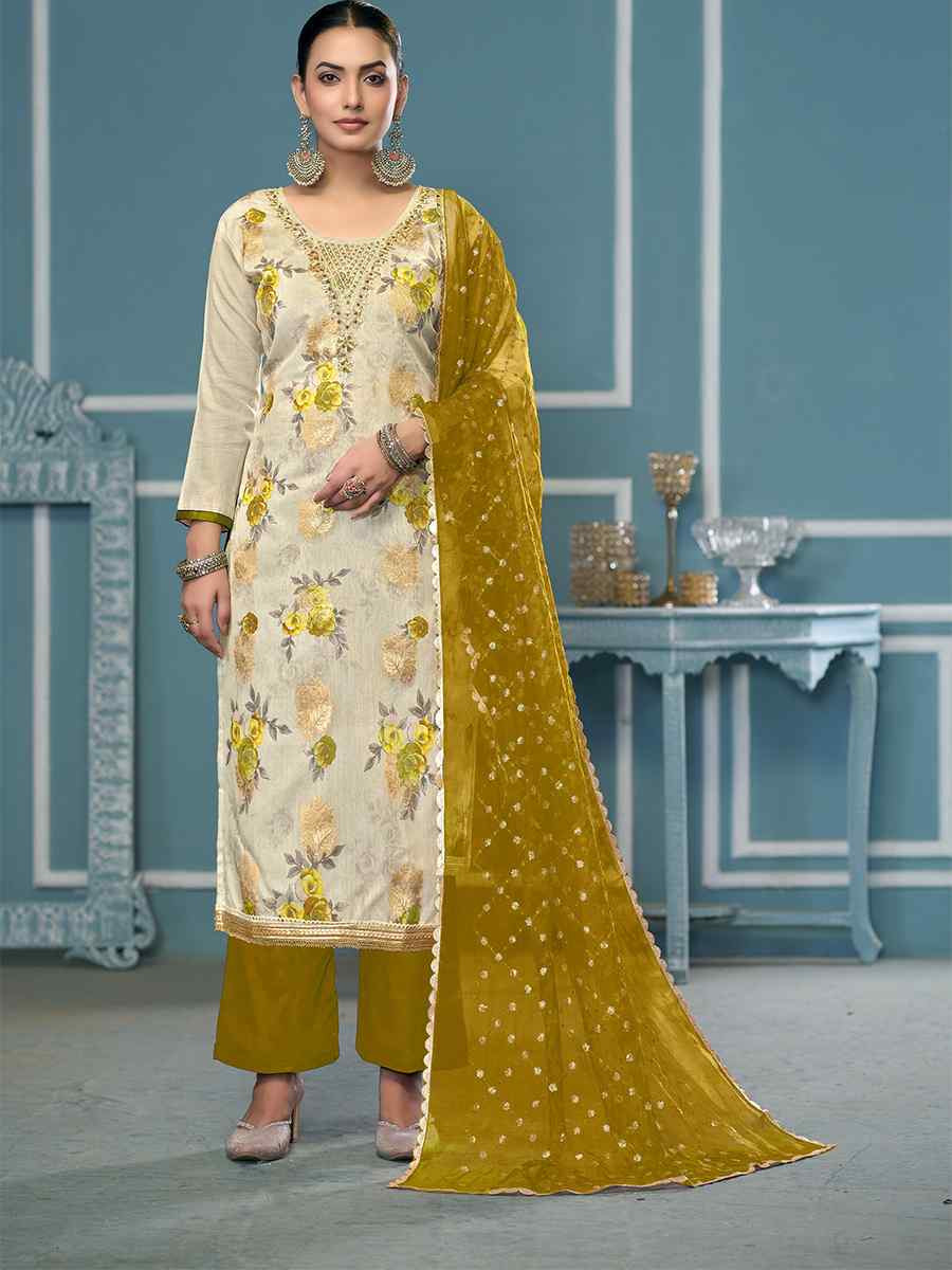 Cream Viscose Banarasi Embroidered Wedding Festival Pant Salwar Kameez