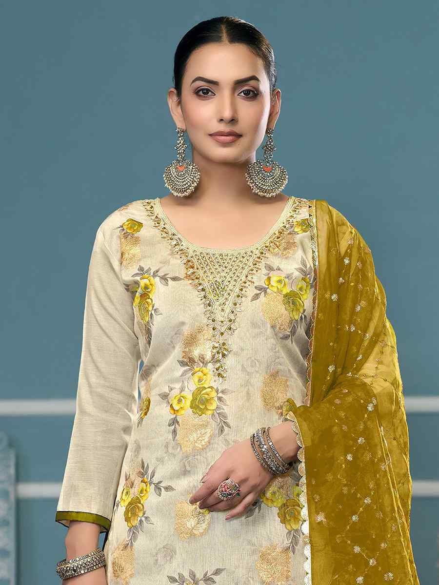 Cream Viscose Banarasi Embroidered Wedding Festival Pant Salwar Kameez