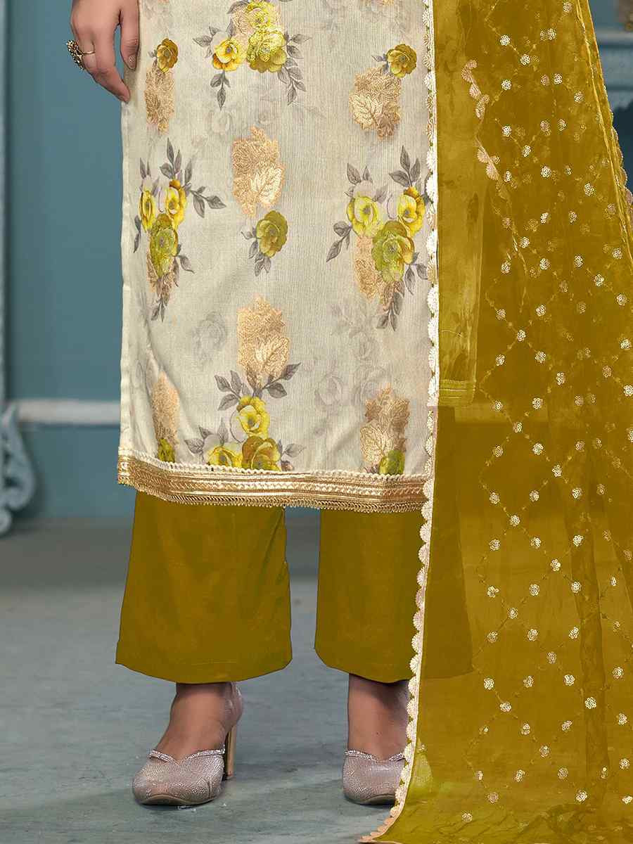 Cream Viscose Banarasi Embroidered Wedding Festival Pant Salwar Kameez