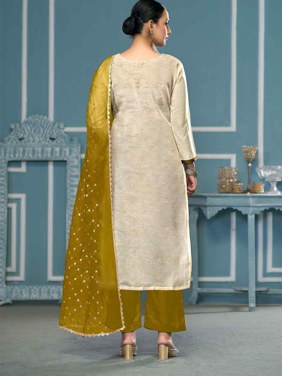 Cream Viscose Banarasi Embroidered Wedding Festival Pant Salwar Kameez