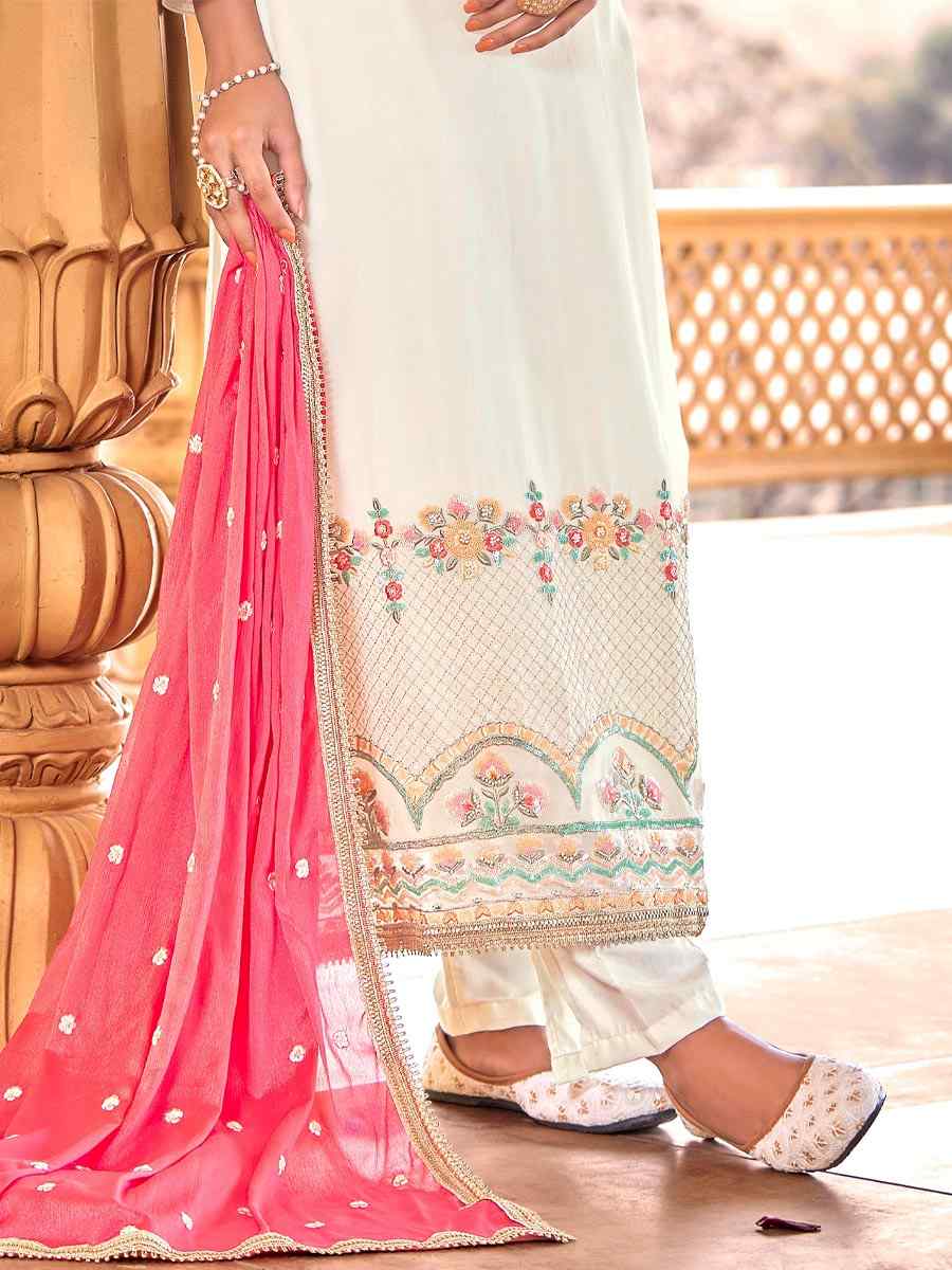 Cream Viscose Bemberg Georgette Embroidered Party Festival Pant Salwar Kameez