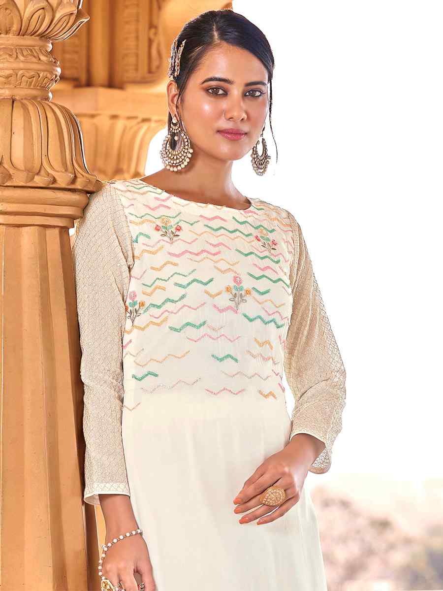 Cream Viscose Bemberg Georgette Embroidered Party Festival Pant Salwar Kameez