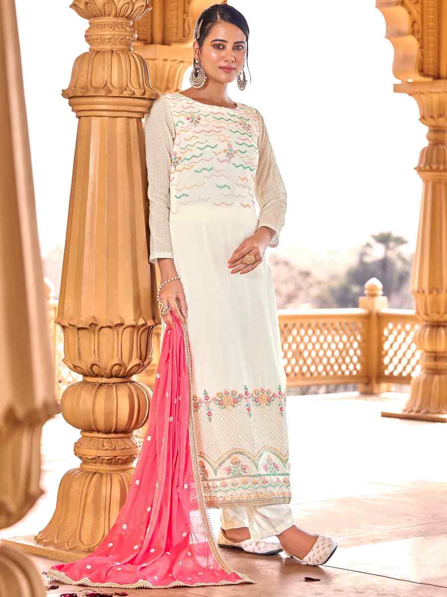 Cream Viscose Bemberg Georgette Embroidered Party Festival Pant Salwar Kameez