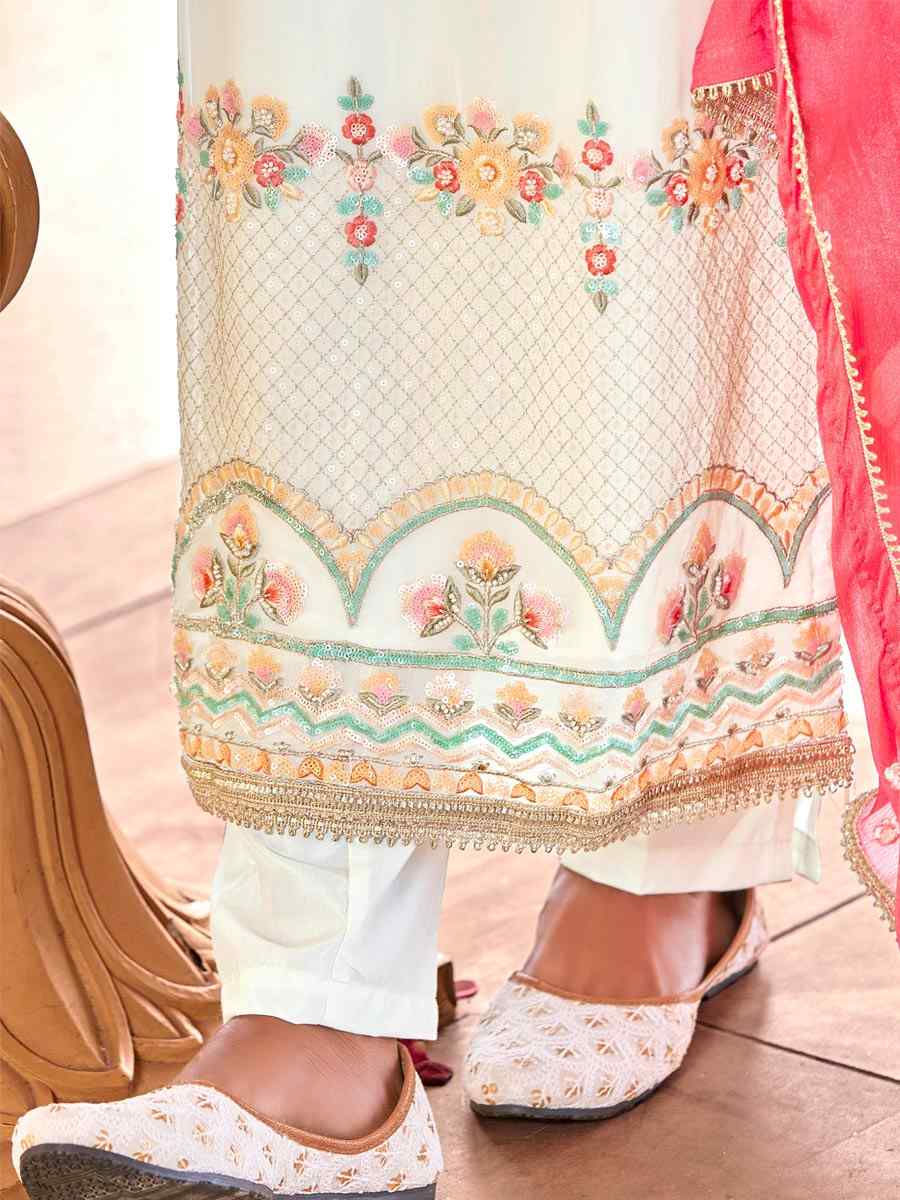Cream Viscose Bemberg Georgette Embroidered Party Festival Pant Salwar Kameez