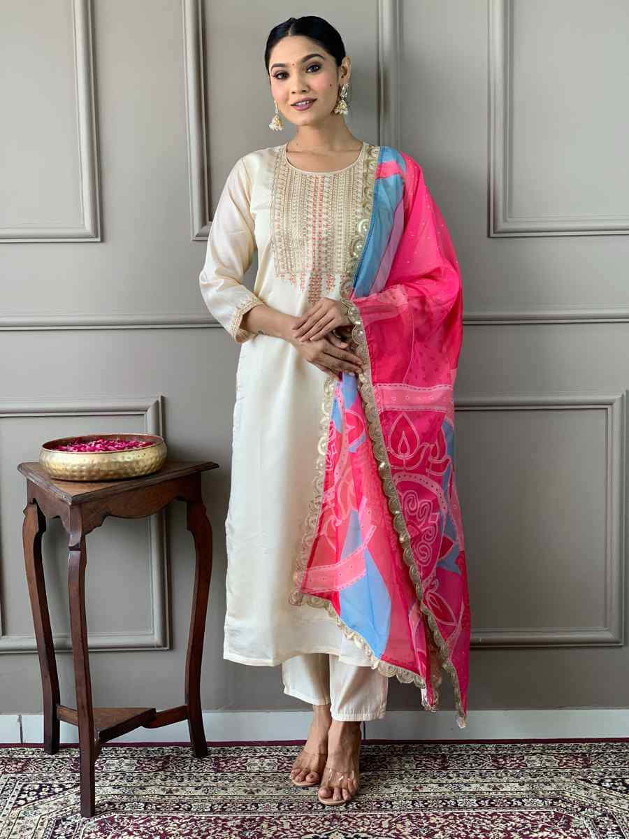 Cream Viscose Chanderi Embroidered Festival Casual Ready Pant Salwar Kameez