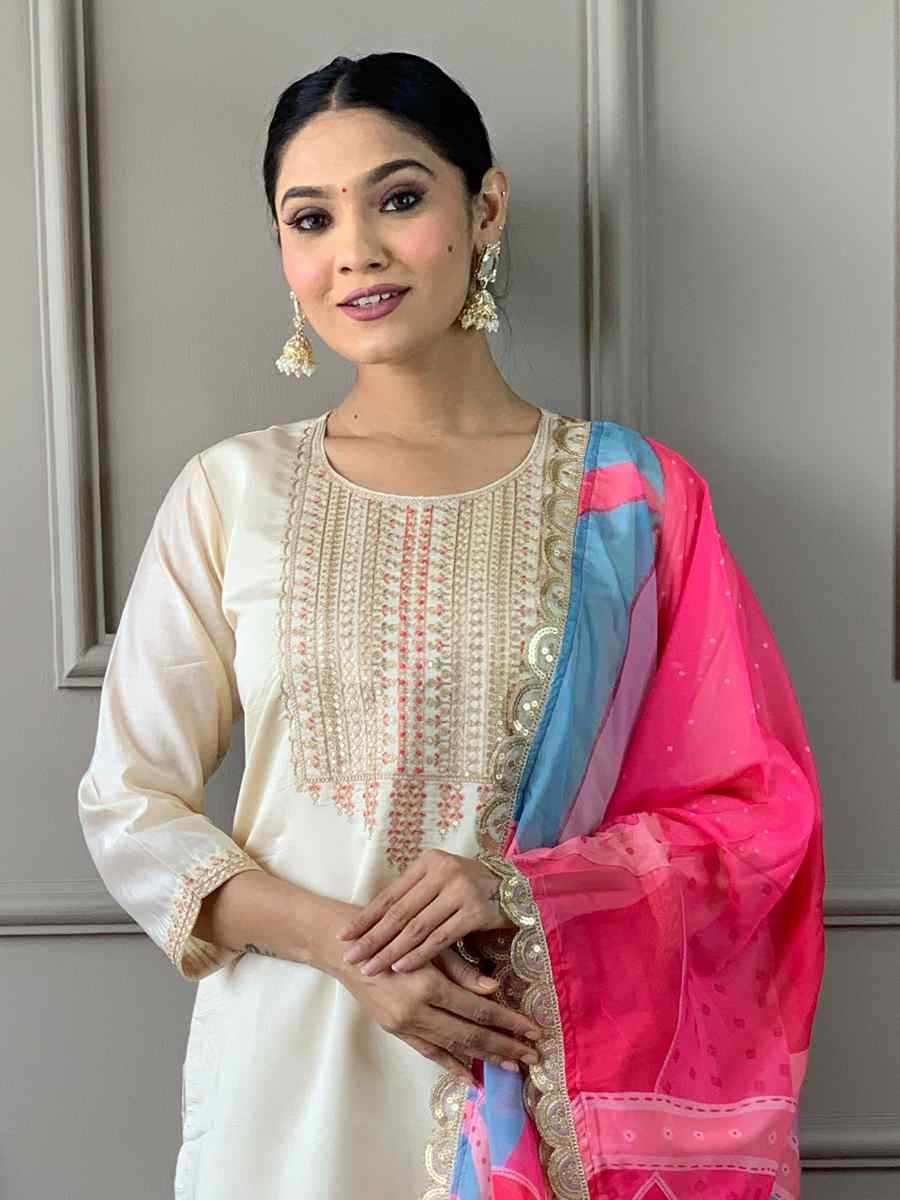 Cream Viscose Chanderi Embroidered Festival Casual Ready Pant Salwar Kameez