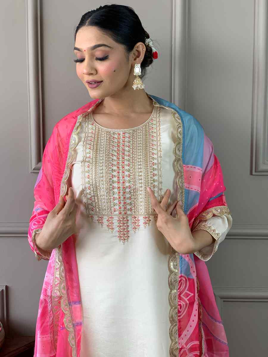 Cream Viscose Chanderi Embroidered Festival Casual Ready Pant Salwar Kameez