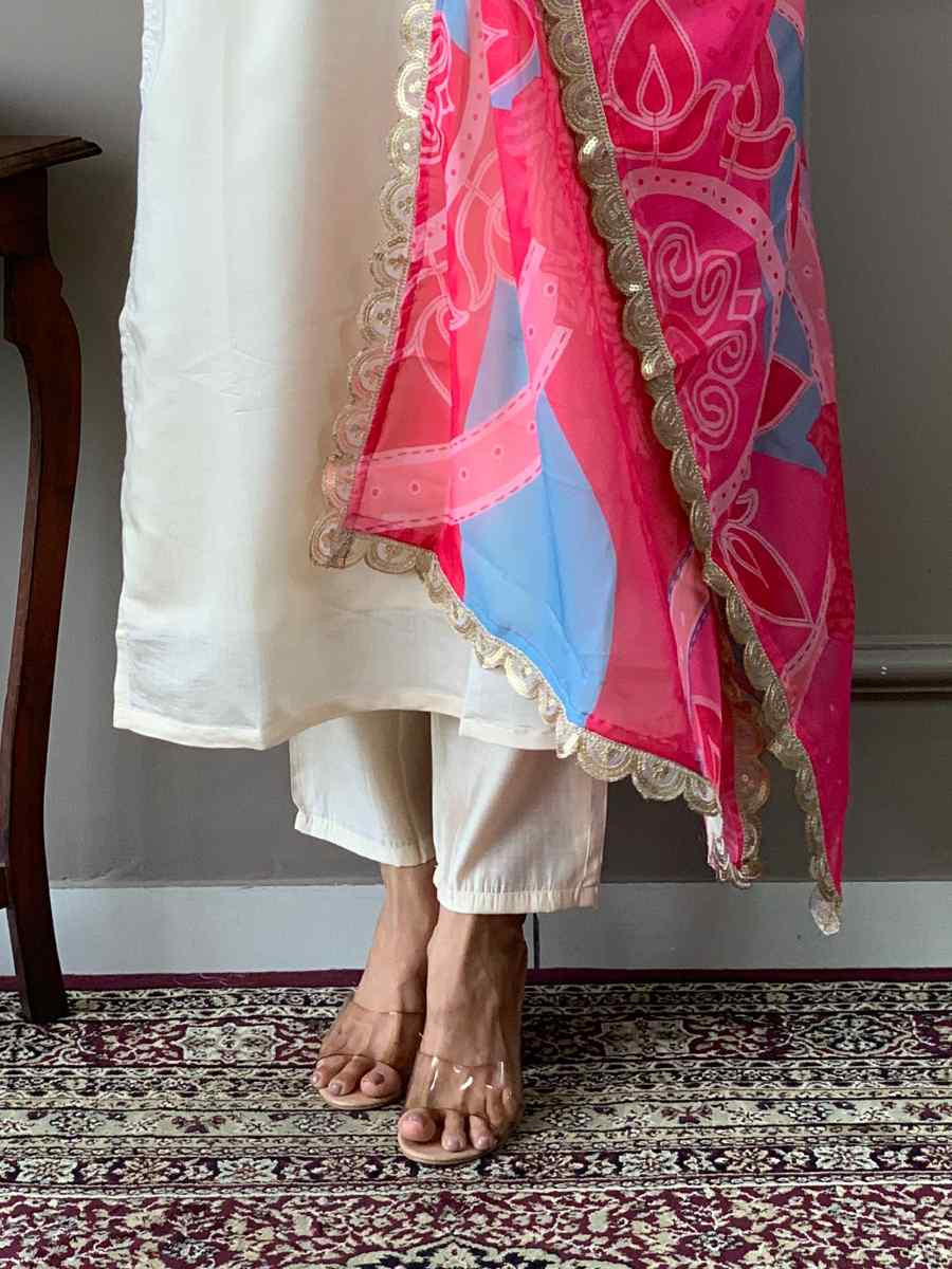 Cream Viscose Chanderi Embroidered Festival Casual Ready Pant Salwar Kameez