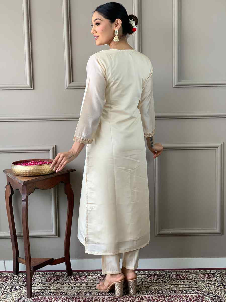 Cream Viscose Chanderi Embroidered Festival Casual Ready Pant Salwar Kameez