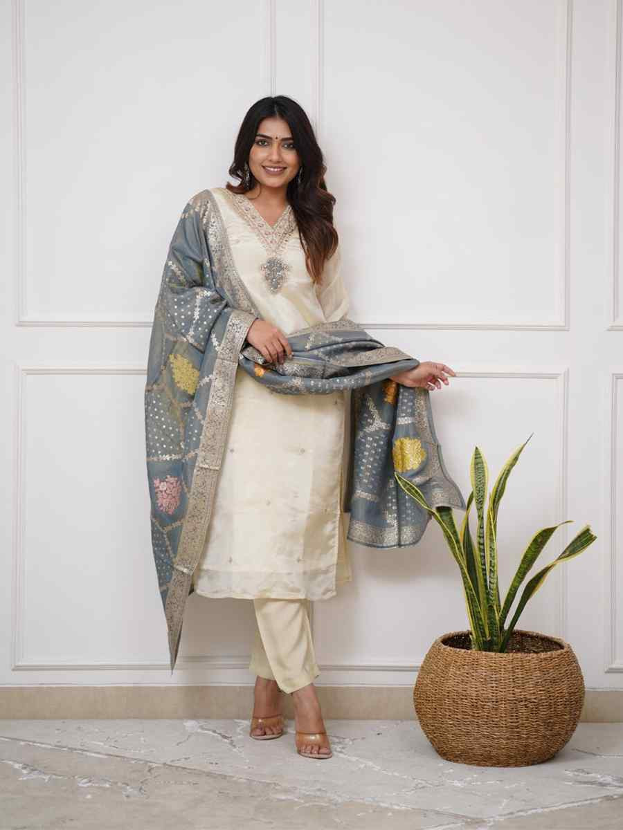 Cream Viscose Chanderi Embroidered Party Wedding Ready Pant Salwar Kameez