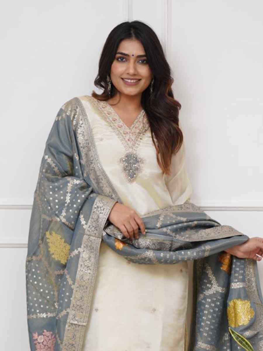 Cream Viscose Chanderi Embroidered Party Wedding Ready Pant Salwar Kameez