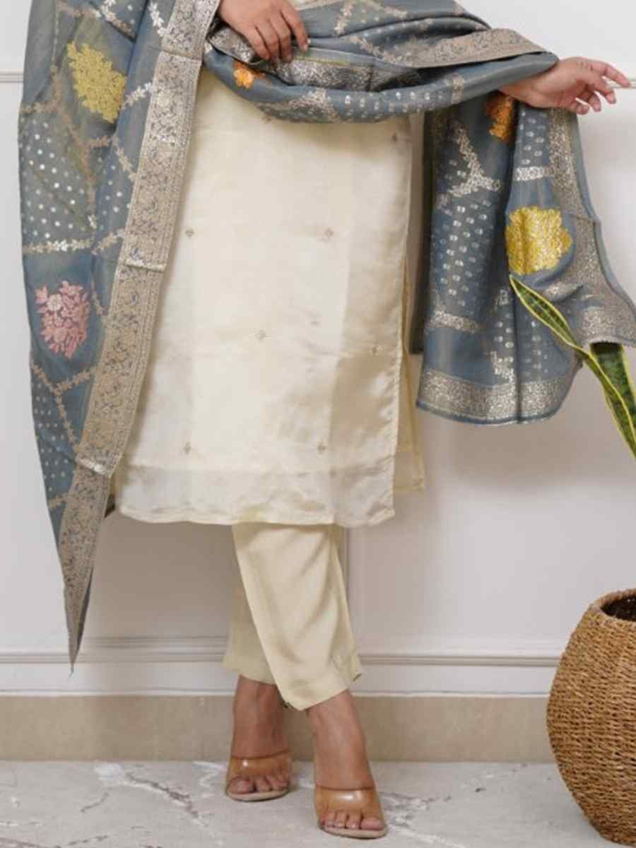 Cream Viscose Chanderi Embroidered Party Wedding Ready Pant Salwar Kameez
