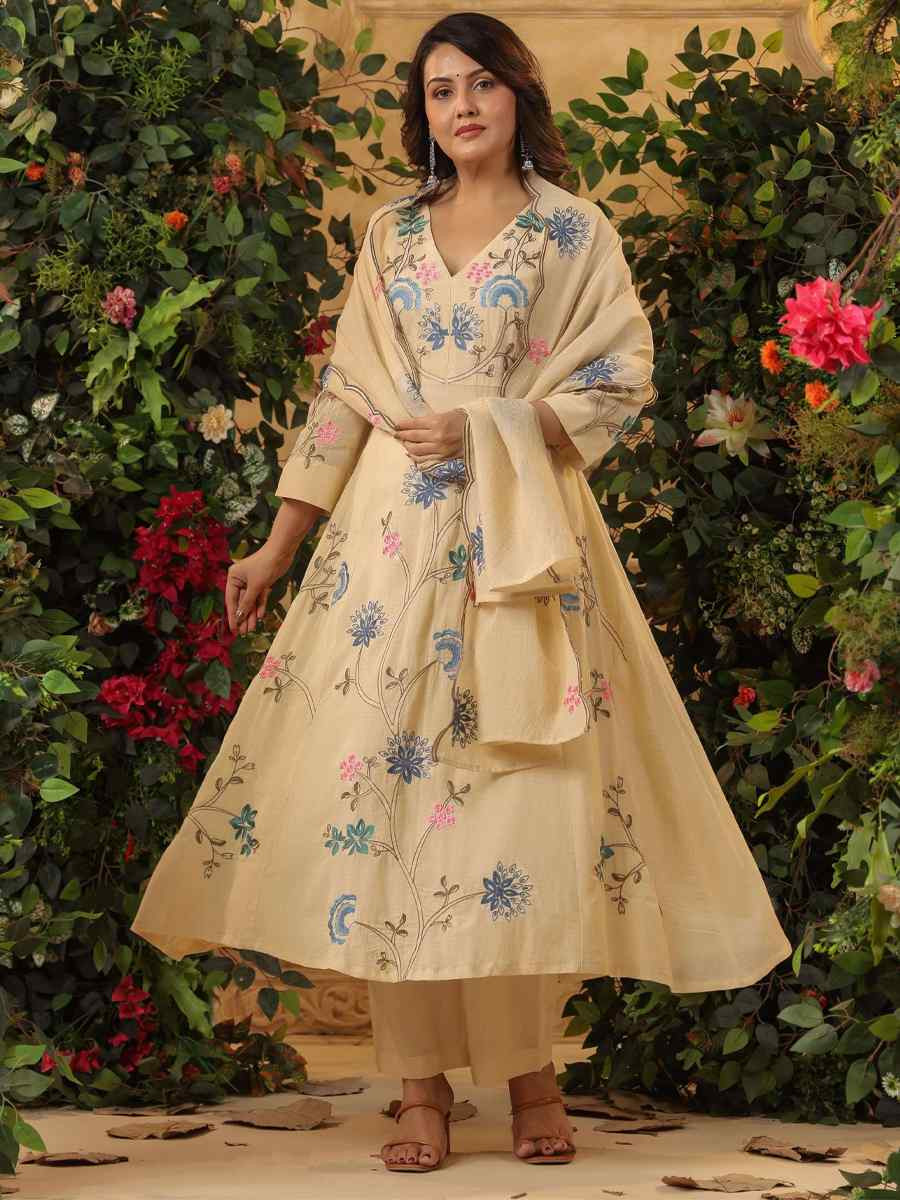 Cream Viscose Chanderi Embroidery Party Wedding Festival Casual Ready Anarkali Pant Salwar Kameez