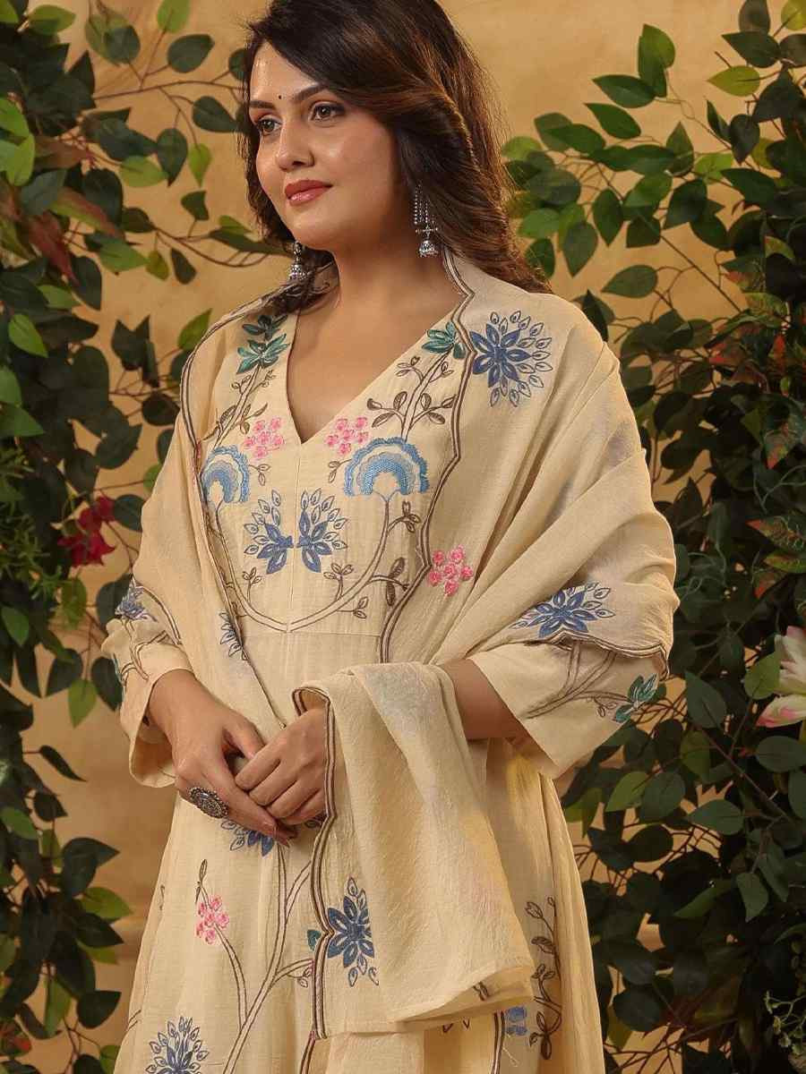 Cream Viscose Chanderi Embroidery Party Wedding Festival Casual Ready Anarkali Pant Salwar Kameez