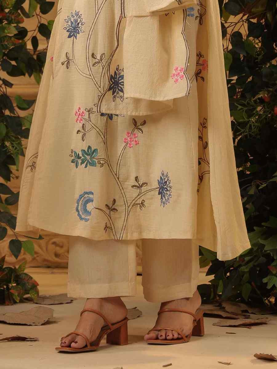 Cream Viscose Chanderi Embroidery Party Wedding Festival Casual Ready Anarkali Pant Salwar Kameez