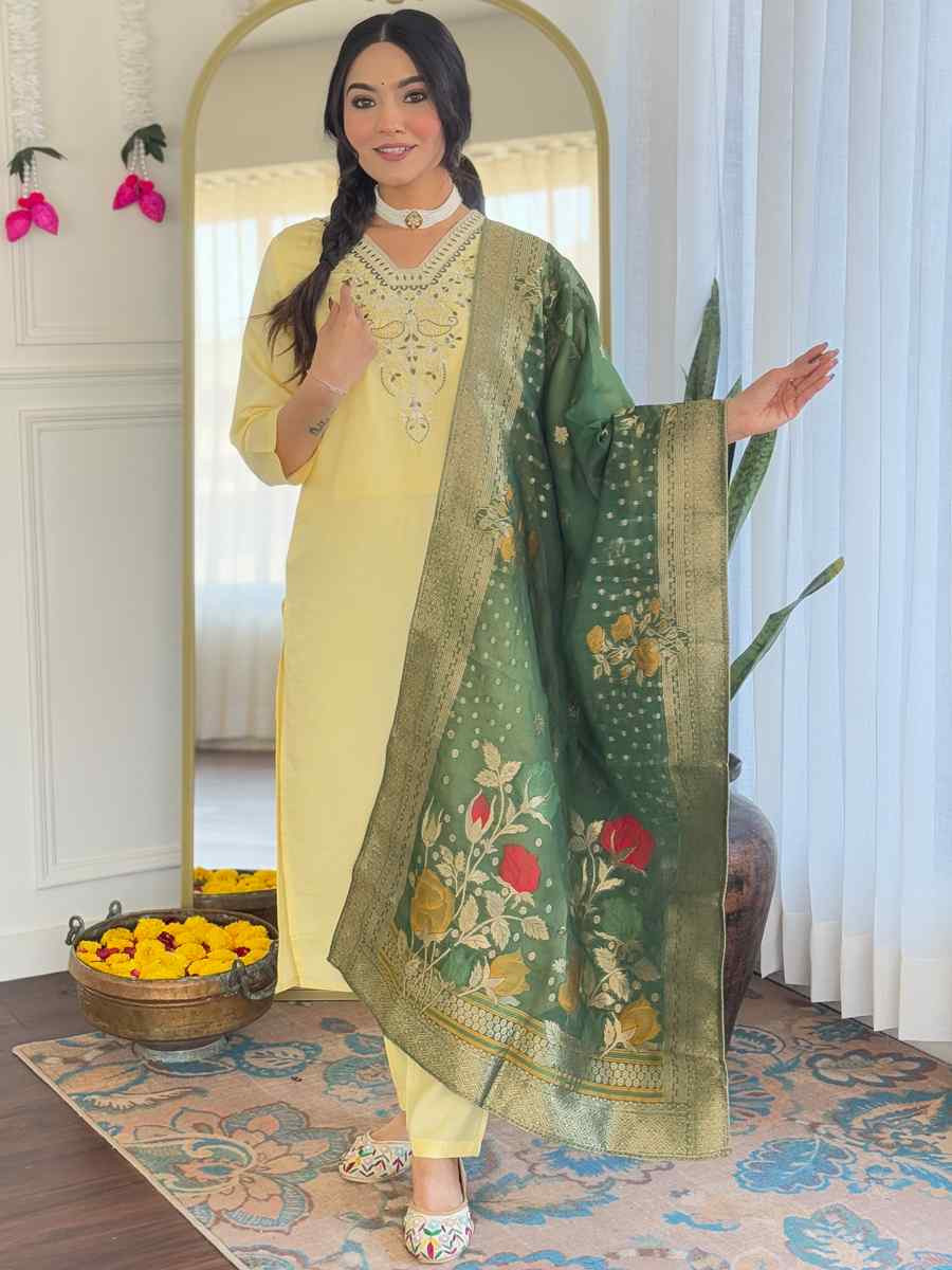 Cream Viscose Chanderi Embroidery Party Wedding Festival Casual Ready Pant Salwar Kameez